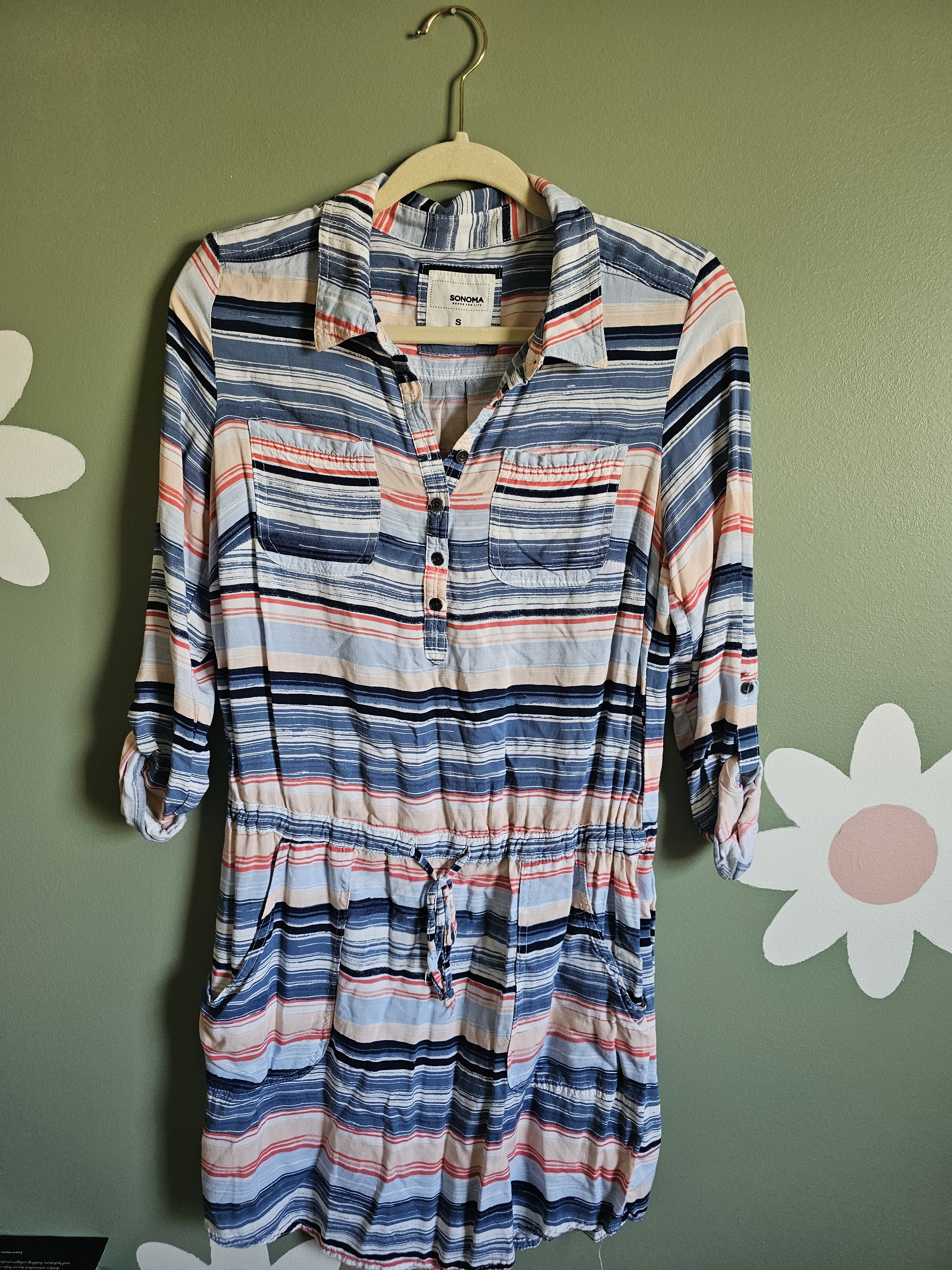 Sonoma Blue White Pink Striped Shirt Dress